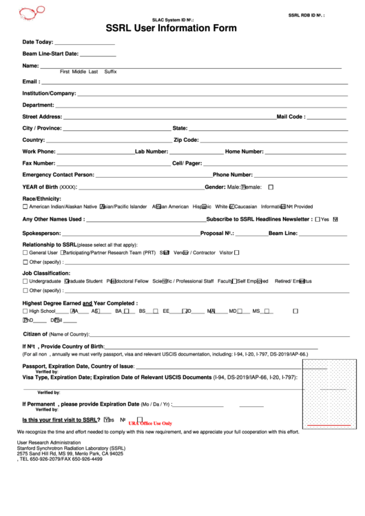 Fillable User Information Form Printable pdf