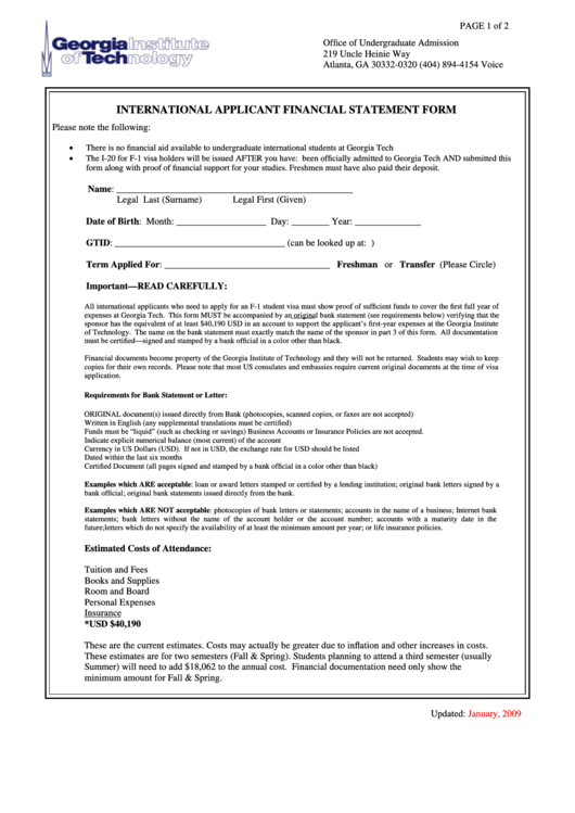 International Applicant Financial Statement Form - Georgia Institute Of Technology Printable pdf
