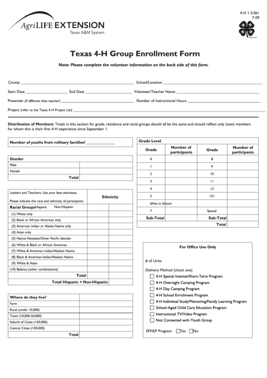 Texas 4h Group Enrollment Form Printable pdf