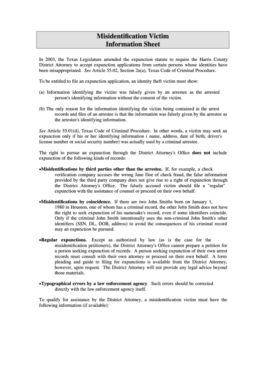 Misidentification Victim Worksheet Printable pdf