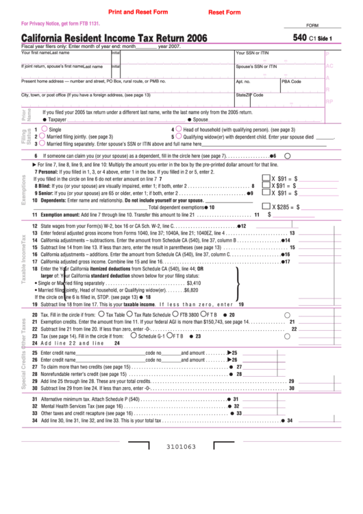 Fillable Form 540 - California Resident Income Tax Return - 2006 Printable pdf