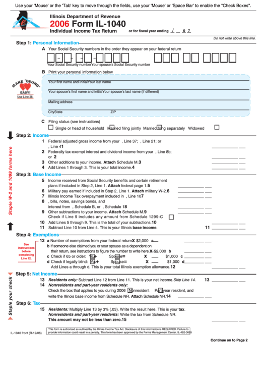 Fillable Form Il1040 Individual Tax Return 2006 printable