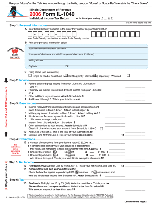 Fillable Form Il 1040 Individual Income Tax Return 2006 Printable Pdf Download