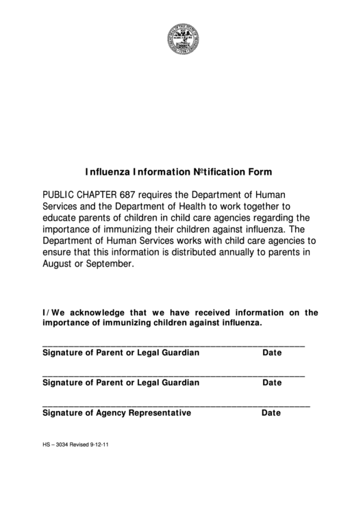 Influenza Information Notification Form Printable pdf