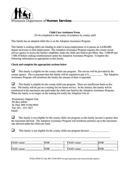 Child Care Assistance Form Printable pdf