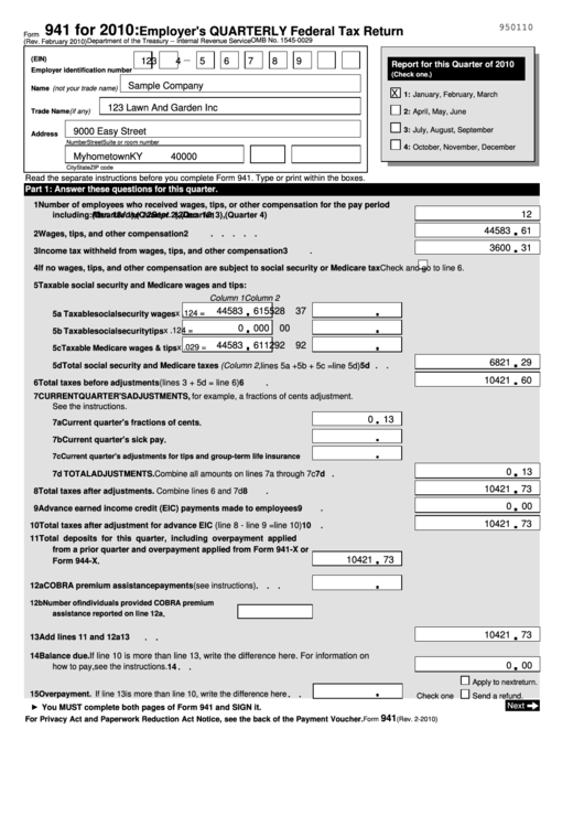 Form 941 - Employers Quarterly Federal Tax Return, Schedule B (Form 941): Report Of Tax Liability For Semiweekly Schedule Depositors - 2010 Printable pdf