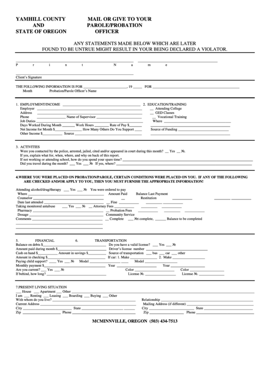 Monthly Report Form - Yamhill County
