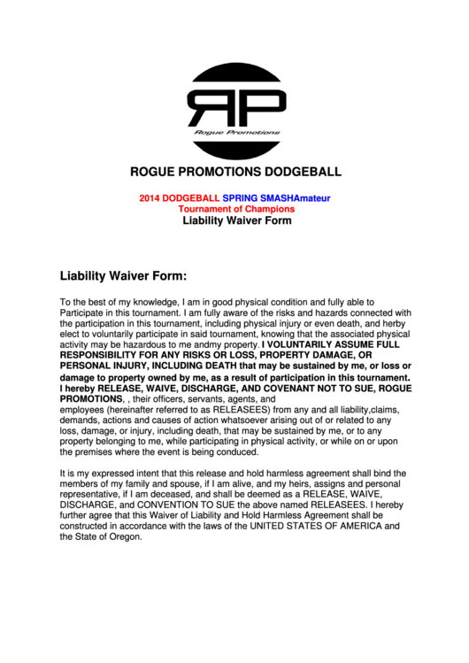 Rogue Promotions Dodgeball Liability Waiver Form Printable pdf