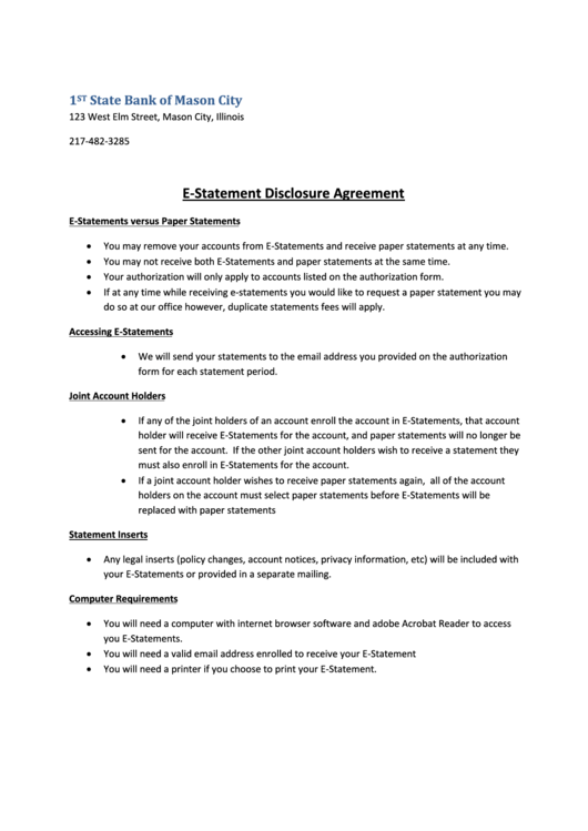 E Statement Disclosure Agreement And Authorization Form Printable pdf