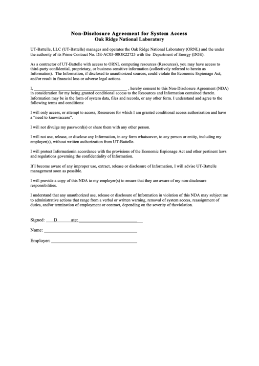 Nondisclosure Agreement Form - Oak Ridge Leadership Computing Printable pdf