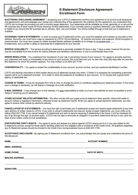 E Statement Disclosure Agreement Enrollment Form Printable pdf