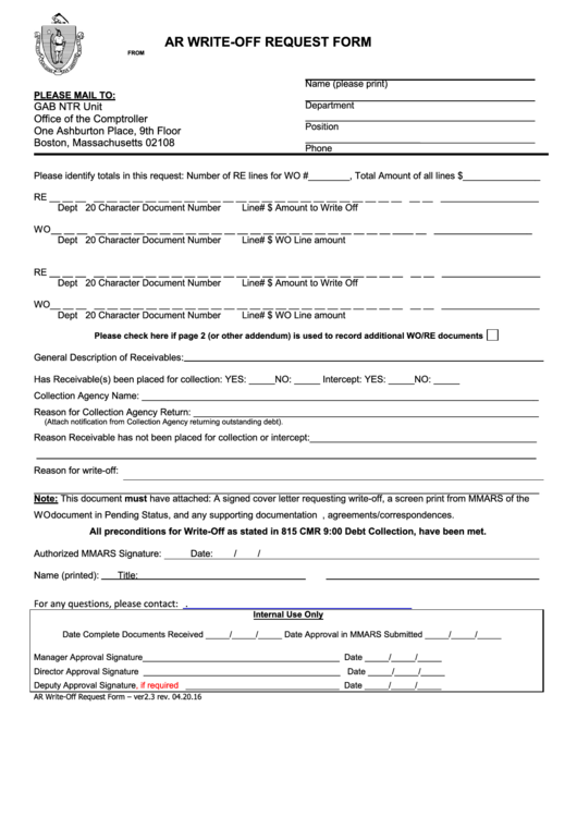 Ar Write Off Request Form Printable pdf