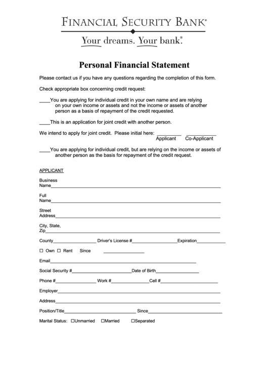 Fillable Personal Financial Statement - Financial Security Bank Printable pdf