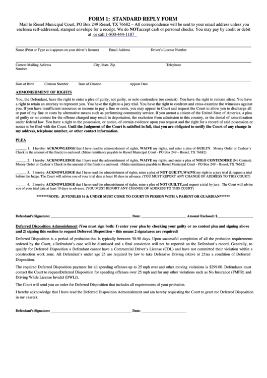 Standard Reply Form Printable pdf