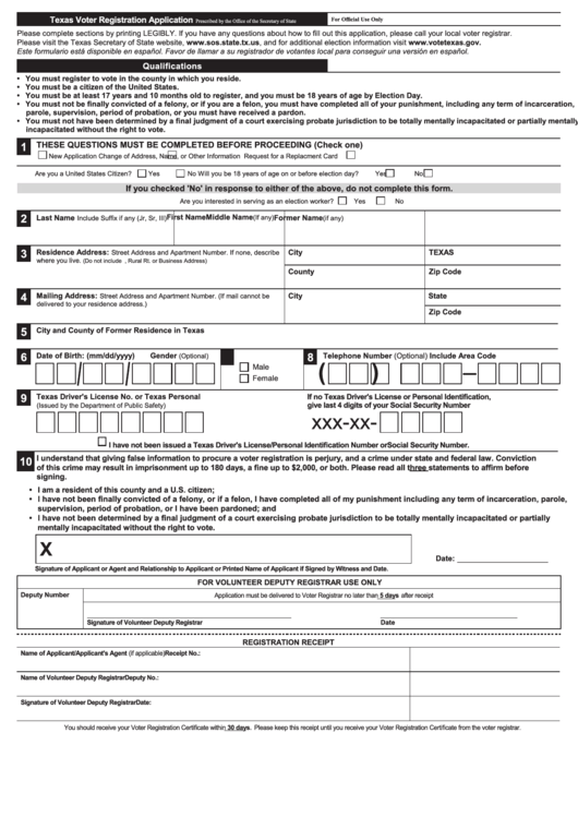 Texas Voter Registration Application Template Printable pdf