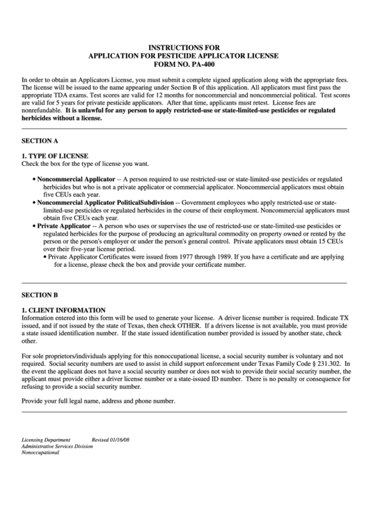 Form No. Pa-400 - Instructions For Application For Pesticide Applicator License Printable pdf