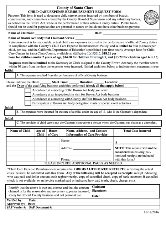 Fillable Child Care Expense Reimbursement Request Form Printable pdf