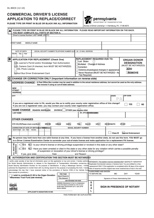 Form Dl-80cd - Commercial Drivers License Application To Replace/correct