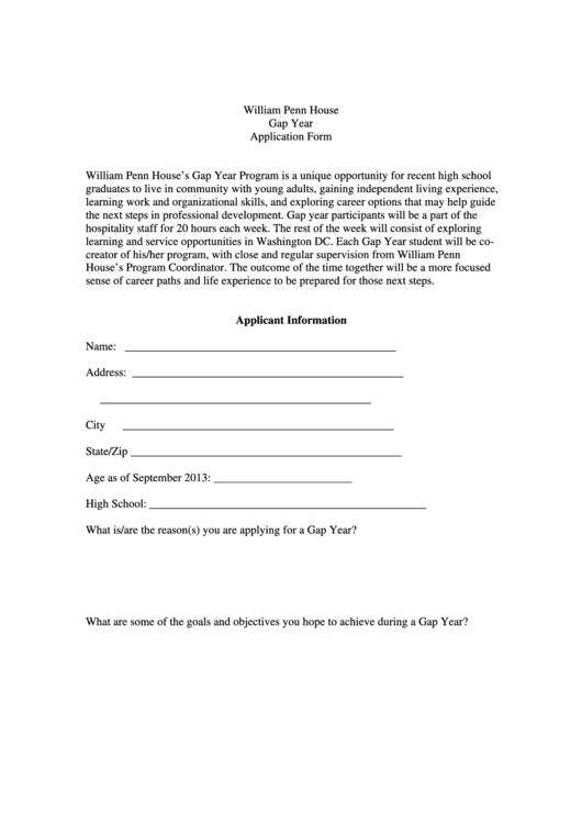 William Penn House Gap Year Application Form Printable pdf