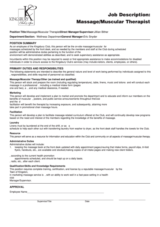 Job Description: Massage/muscular Therapist Printable pdf