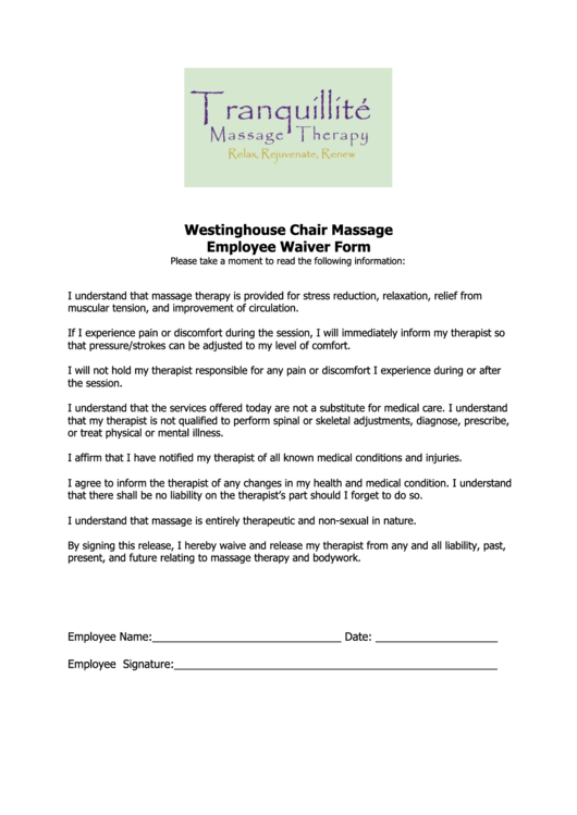 Westinghouse Chair Massage Employee Waiver Form Printable pdf