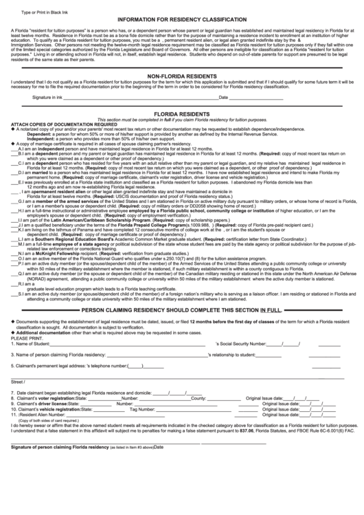Residency Affidavit Form - University Of West Florida Printable pdf