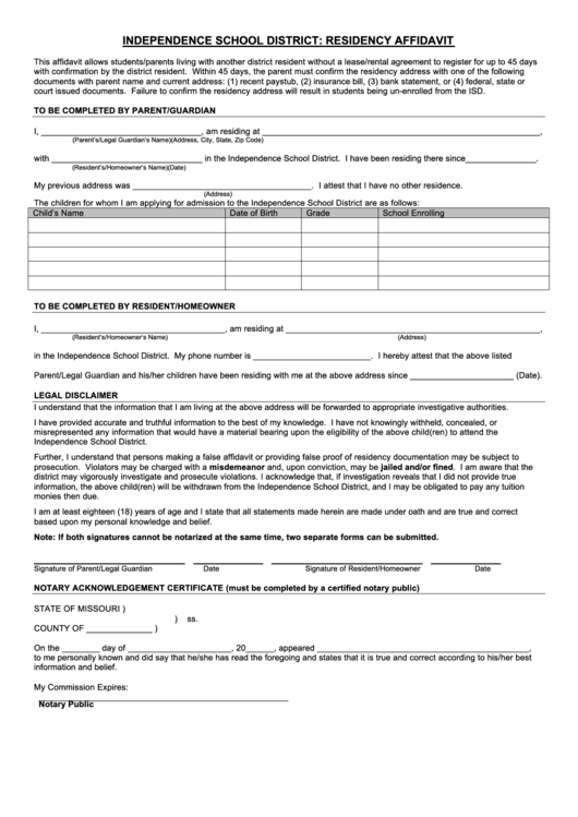 Independence School District: Residency Affidavit Printable pdf