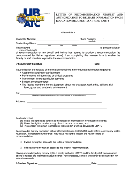 Ubatc Letter Of Recommendation Request And Authorization To Release Information Form Printable pdf