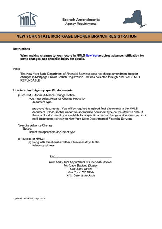 New York State Mortgage Broker Branch Registration Printable pdf
