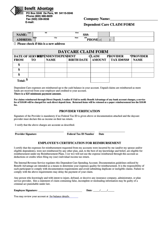 Fillable Dependent Care Claim Form printable pdf download