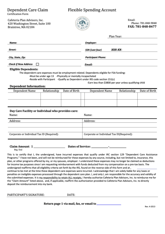 Dependent Care Claim Form 2013 Printable pdf