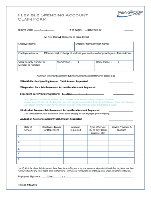 Flexible Spending Account Claim Form Printable pdf