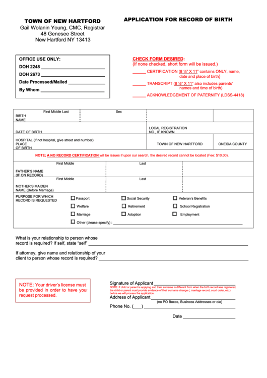 Application For Record Of Birth - Town Of New Hartford Printable pdf