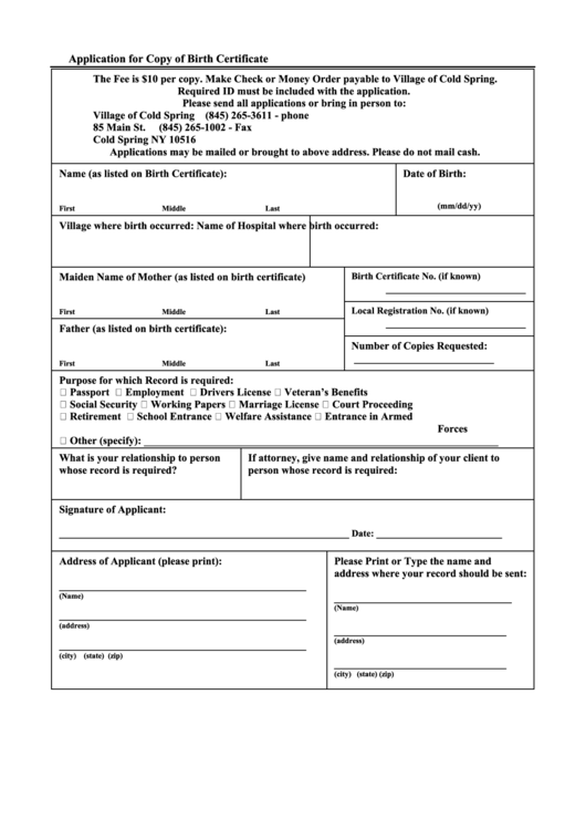 Application For Copy Of Birth Certificate - Cold Spring, Ny Printable pdf