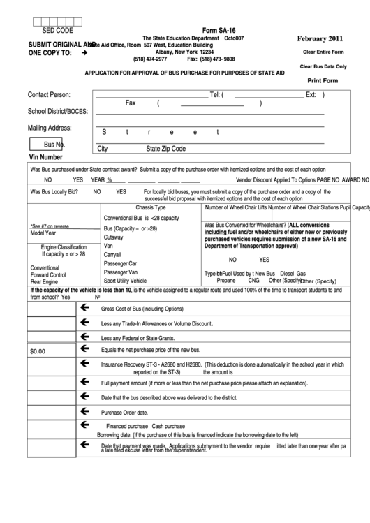 Fillable Form Sa-16 - Application For Approval Of Bus Purchase For Purposes Of State Aid - The State Education Department Printable pdf