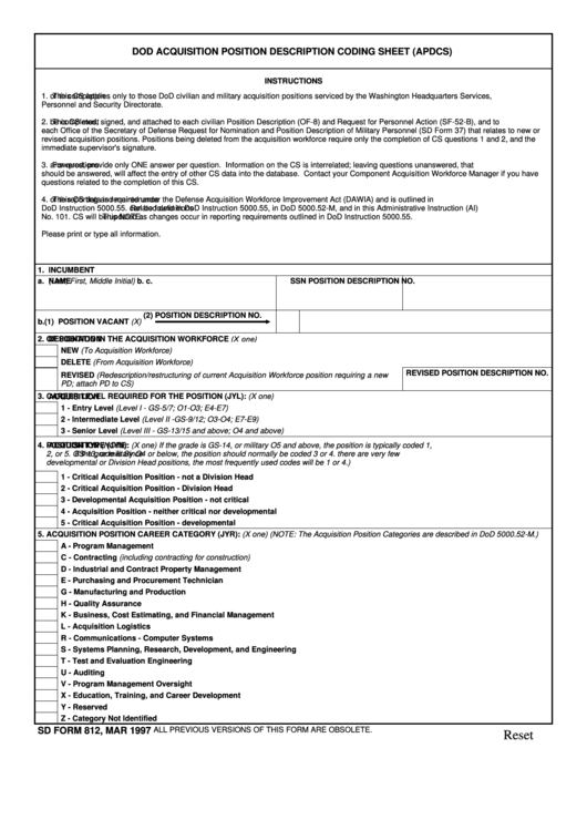 Fillable Sd Form 812 - Dod Acquisition Position Description Coding Sheet (Apdcs) Form 812 Printable pdf