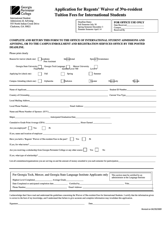 Application For Regents Waiver Of Nonresident Tuition Fees Printable pdf