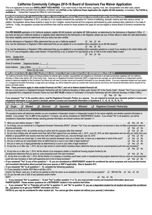 California Community Colleges 2015-16 Board Of Governors Fee Waiver Application Form Printable pdf