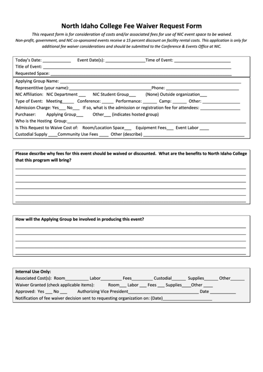 North Idaho College Fee Waiver Request Form Printable pdf