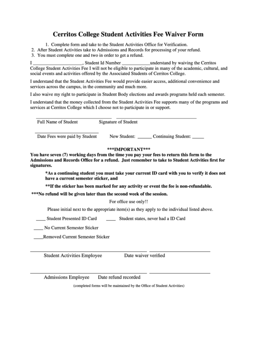 Cerritos College Student Activities Fee Waiver Form Printable pdf