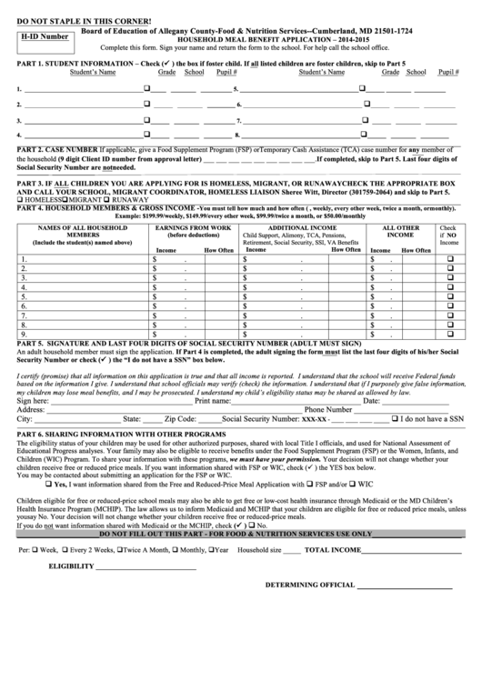 2014-2015 Household Meal Benefit Application Form Printable pdf