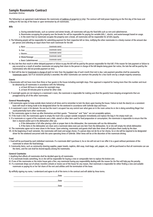 Sample Roommate Contract Printable pdf