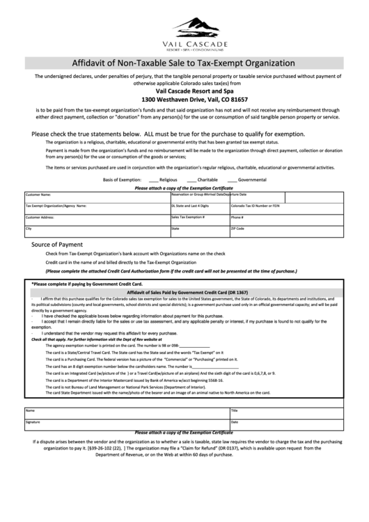 Fillable Affidavit Of Non Taxable Sale To Tax-Exempt Organization Form Printable pdf