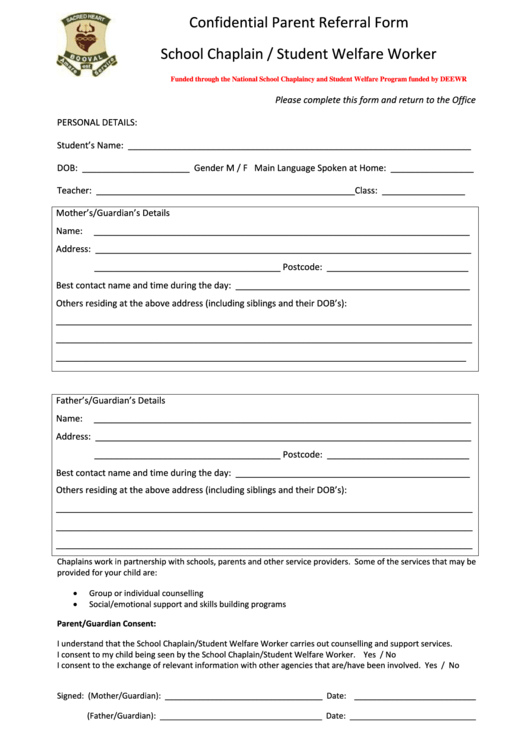Confidential Parent Referral Form Printable pdf