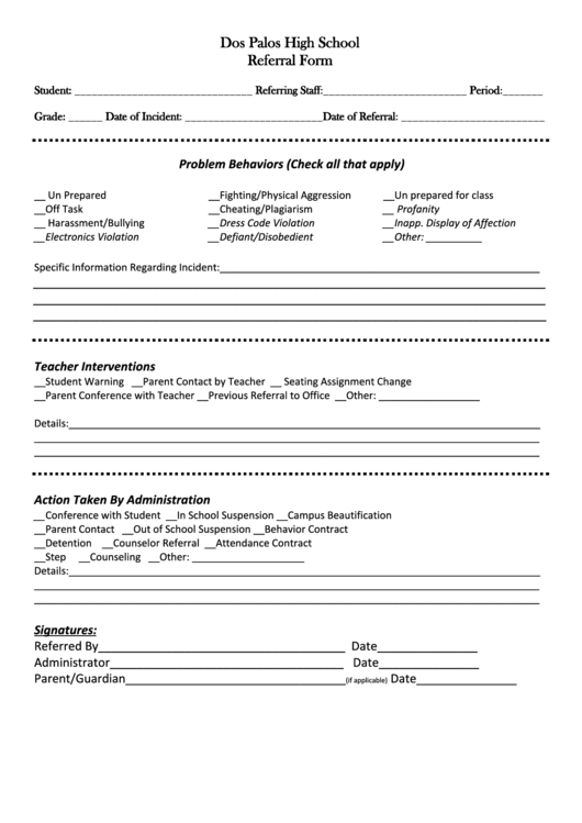 Dos Palos High School Referral Form Printable pdf