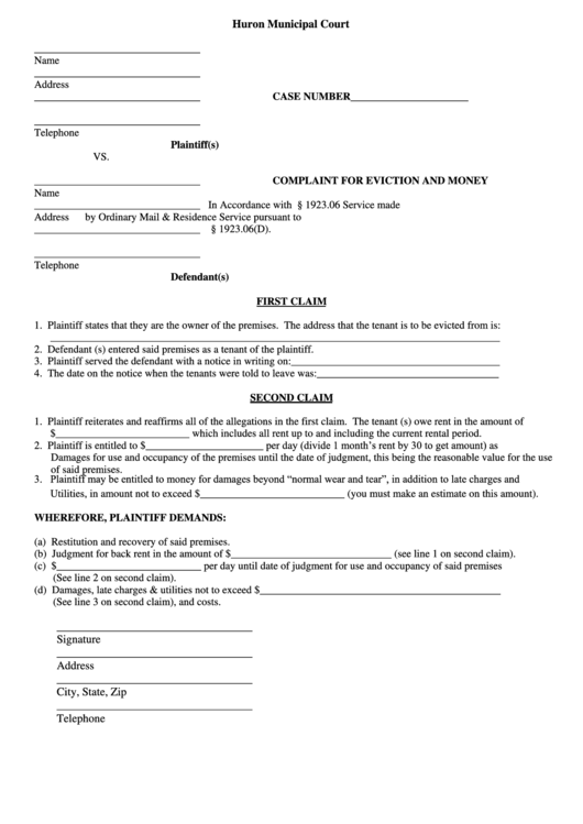 Complaint For Eviction And Money - City Of Huron Printable pdf