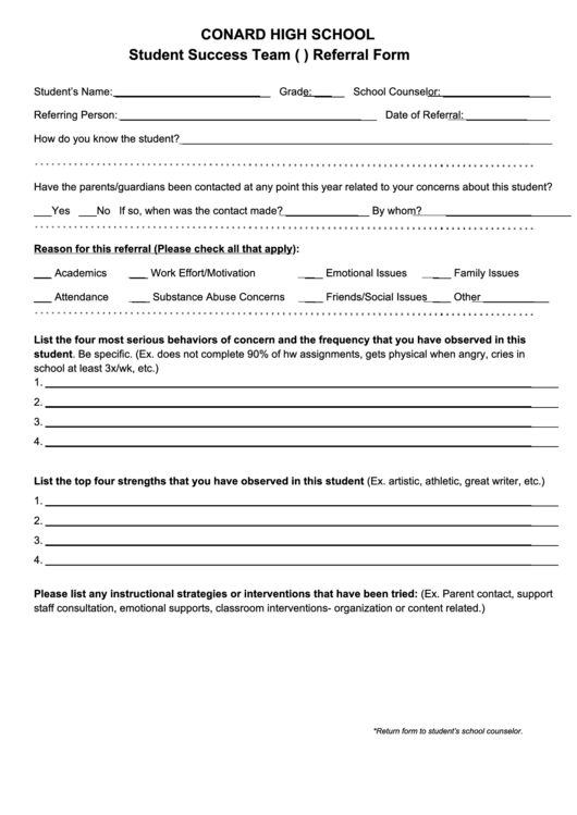 Conard High School Student Success Team (S.s.t.) Referral Form Printable pdf