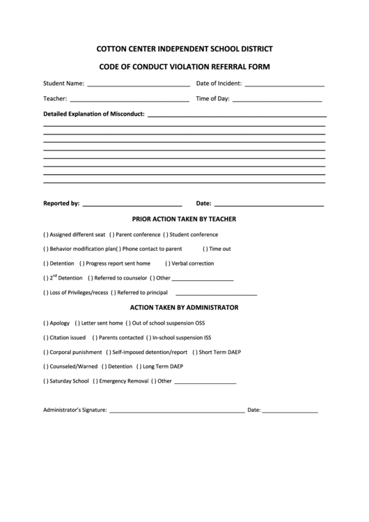 Fillable Cotton Center Independent School District Code Of Conduct Violation Referral Form Printable pdf