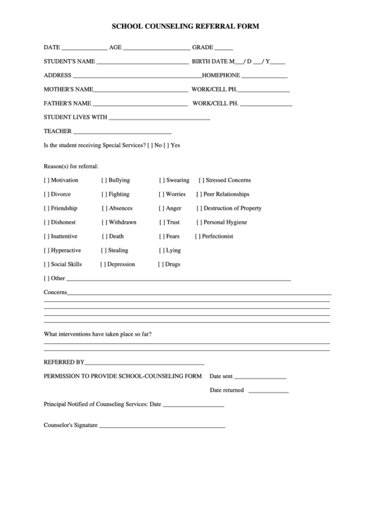 School Counseling Referral Form Printable pdf