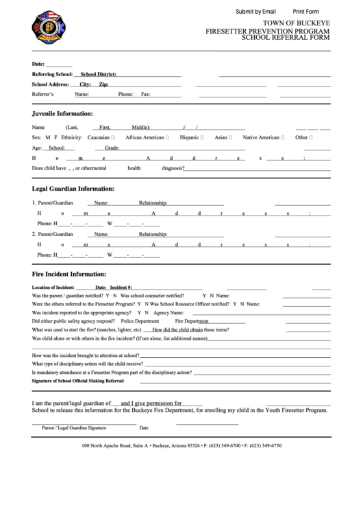 Fillable Town Of Buckeye Firesetter Prevention Program School Referral Form Printable pdf